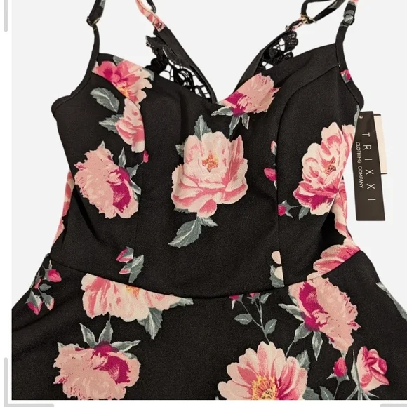 Trixxi Black Dress with Pink Floral and Lace Back - Picture 5 of 10